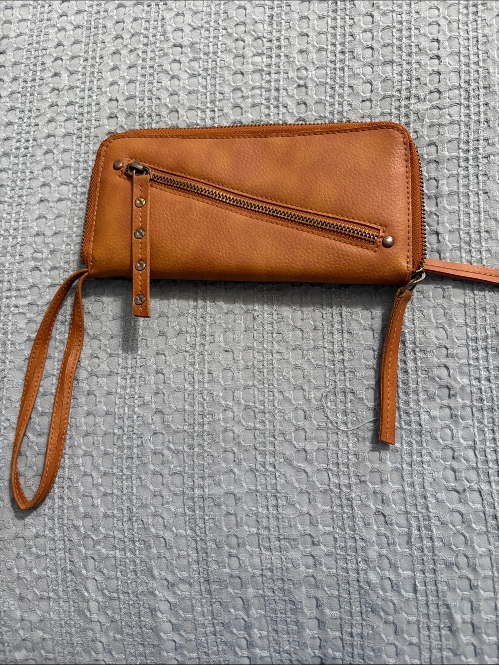 Free People Tan Leather Wristlet Clutch with Exterior Zip Detail